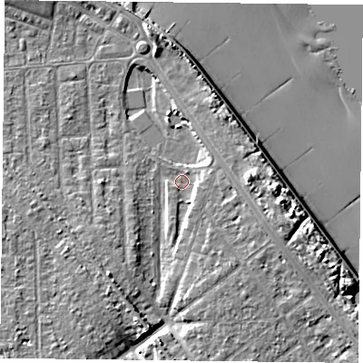 Shaded relief map of the ground around TS103AX, computed from Environment Agency LiDAR. The ground here sits at about 5 m above sea level and falls 11 m across the surrounding 800 m. Surface water reaching this point runs off ground lying to the east-south-east, 2.7 m higher.
