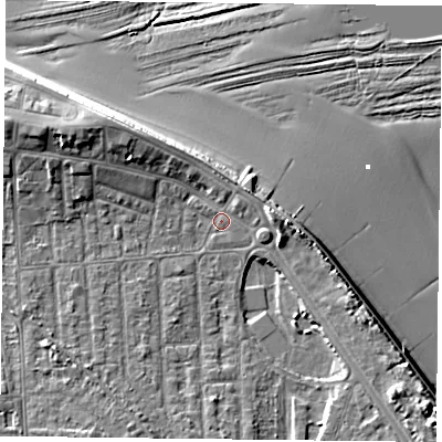 Shaded relief map of the ground around TS103BB, computed from Environment Agency LiDAR. The ground here sits at about 5 m above sea level and falls 12 m across the surrounding 800 m. Surface water reaching this point runs off ground lying to the west-north-west, 5.4 m higher.