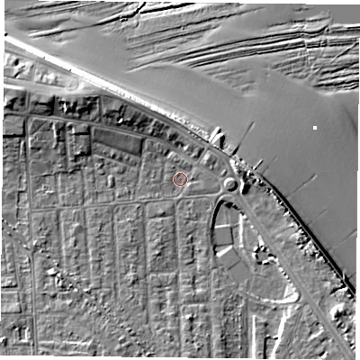Shaded relief map of the ground around TS103BD, computed from Environment Agency LiDAR. The ground here sits at about 5 m above sea level and falls 12 m across the surrounding 800 m. Surface water reaching this point runs off ground lying to the north-west, 5.4 m higher.