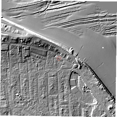 Shaded relief map of the ground around TS103BE, computed from Environment Agency LiDAR. The ground here sits at about 5 m above sea level and falls 12 m across the surrounding 800 m. Surface water reaching this point runs off ground lying to the west-north-west, 5.4 m higher.