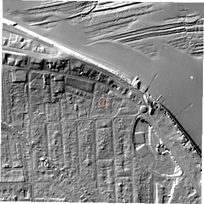 Shaded relief map of the ground around TS103BG, computed from Environment Agency LiDAR. The ground here sits at about 5 m above sea level and falls 12 m across the surrounding 800 m. Surface water reaching this point runs off ground lying to the west-north-west, 4.7 m higher.