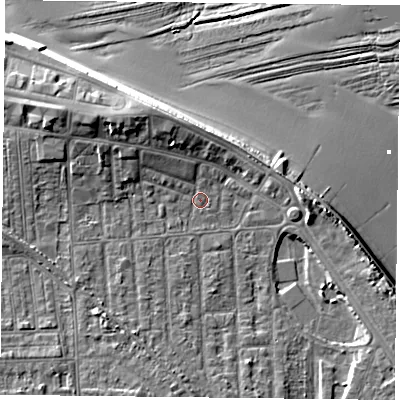 Shaded relief map of the ground around TS103BH, computed from Environment Agency LiDAR. The ground here sits at about 5 m above sea level and falls 12 m across the surrounding 800 m. Surface water reaching this point runs off ground lying to the west-north-west, 4.7 m higher.