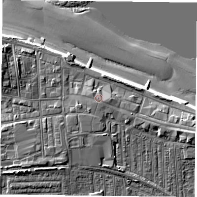 Shaded relief map of the ground around TS103BZ, computed from Environment Agency LiDAR. The ground here sits at about 8 m above sea level and falls 13 m across the surrounding 800 m. The ground contributing surface water to this point lies to the south-south-west.