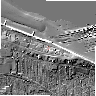 Shaded relief map of the ground around TS103DB, computed from Environment Agency LiDAR. The ground here sits at about 7 m above sea level and falls 12 m across the surrounding 800 m. Surface water reaching this point runs off ground lying to the east-south-east, 3.7 m higher.