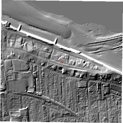 Shaded relief map of the ground around TS103DE, computed from Environment Agency LiDAR. The ground here sits at about 7 m above sea level and falls 12 m across the surrounding 800 m. Surface water reaching this point runs off ground lying to the east-south-east, 1.9 m higher.