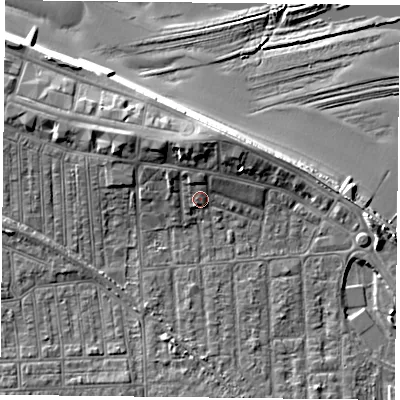 Shaded relief map of the ground around TS103EE, computed from Environment Agency LiDAR. The ground here sits at about 6 m above sea level and falls 12 m across the surrounding 800 m. Surface water reaching this point runs off ground lying to the north-north-west, 1.8 m higher.