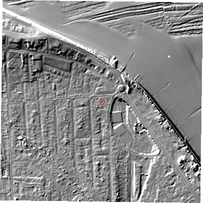 Shaded relief map of the ground around TS103JY, computed from Environment Agency LiDAR. The ground here sits at about 5 m above sea level and falls 12 m across the surrounding 800 m. Surface water reaching this point runs off ground lying to the north-west, 5.4 m higher.