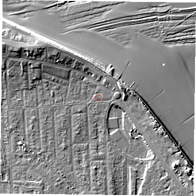 Shaded relief map of the ground around TS103JZ, computed from Environment Agency LiDAR. The ground here sits at about 5 m above sea level and falls 12 m across the surrounding 800 m. Surface water reaching this point runs off ground lying to the north-west, 5.4 m higher.
