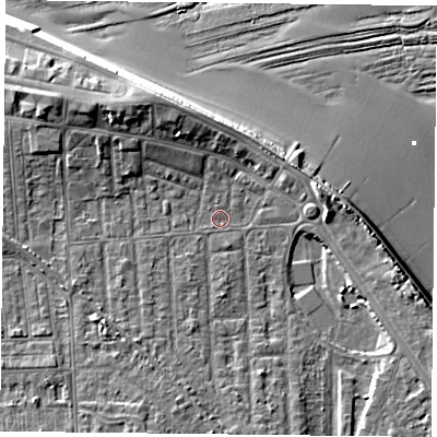 Shaded relief map of the ground around TS103LB, computed from Environment Agency LiDAR. The ground here sits at about 5 m above sea level and falls 12 m across the surrounding 800 m. Surface water reaching this point runs off ground lying to the south, 2.9 m higher.