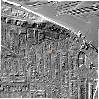 Shaded relief map of the ground around TS103LD, computed from Environment Agency LiDAR. The ground here sits at about 5 m above sea level and falls 12 m across the surrounding 800 m. Surface water reaching this point runs off ground lying to the south-west, 0.5 m higher.
