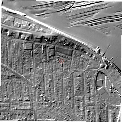 Shaded relief map of the ground around TS103LE, computed from Environment Agency LiDAR. The ground here sits at about 5 m above sea level and falls 12 m across the surrounding 800 m. Surface water reaching this point runs off ground lying to the north-west, 4.4 m higher.