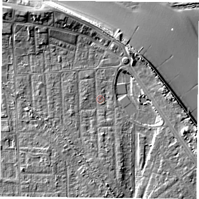 Shaded relief map of the ground around TS103NF, computed from Environment Agency LiDAR. The ground here sits at about 5 m above sea level and falls 12 m across the surrounding 800 m. Surface water reaching this point runs off ground lying to the east-south-east, 4.7 m higher.