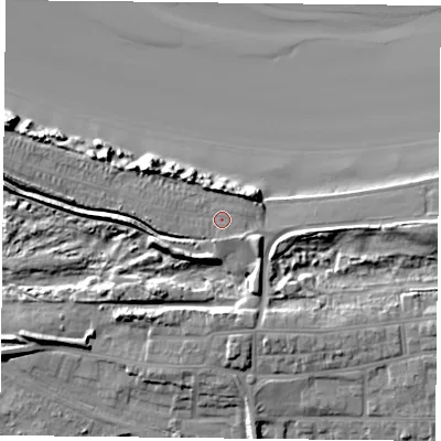 Shaded relief map of the ground around TS105BJ, computed from Environment Agency LiDAR. The ground here sits at about 7 m above sea level and falls 14 m across the surrounding 800 m. Surface water reaching this point runs off ground lying to the south-south-east, 1.0 m higher.