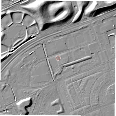Shaded relief map of the ground around TS105JU, computed from Environment Agency LiDAR. The ground here sits at about 5 m above sea level and falls 15 m across the surrounding 800 m. Surface water reaching this point runs off ground lying to the east, 2.2 m higher.