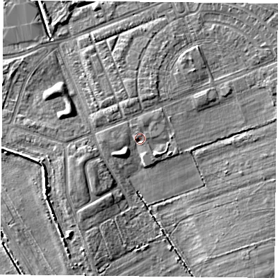 Shaded relief map of the ground around TS105NH, computed from Environment Agency LiDAR. The ground here sits at about 6 m above sea level and falls 7 m across the surrounding 800 m. Surface water reaching this point runs off ground lying to the south-west, 2.0 m higher.