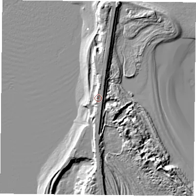 Shaded relief map of the ground around TS105NX, computed from Environment Agency LiDAR. The ground here sits at about 9 m above sea level and falls 15 m across the surrounding 800 m. Surface water reaching this point runs off ground lying to the north, 5.8 m higher.
