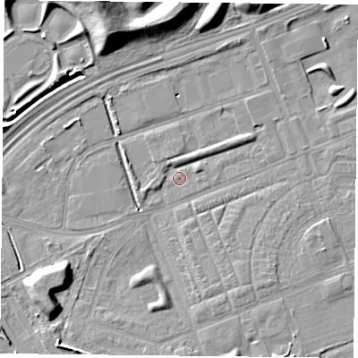 Shaded relief map of the ground around TS105PA, computed from Environment Agency LiDAR. The ground here sits at about 4 m above sea level and falls 13 m across the surrounding 800 m. Surface water reaching this point runs off ground lying to the east-north-east, 2.3 m higher.