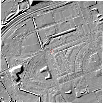 Shaded relief map of the ground around TS105PE, computed from Environment Agency LiDAR. The ground here sits at about 4 m above sea level and falls 11 m across the surrounding 800 m. Surface water reaching this point runs off ground lying to the south-west, 7.2 m higher.