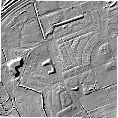 Shaded relief map of the ground around TS105PF, computed from Environment Agency LiDAR. The ground here sits at about 5 m above sea level and falls 9 m across the surrounding 800 m. Surface water reaching this point runs off ground lying to the south-east, 1.9 m higher.