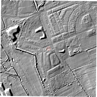 Shaded relief map of the ground around TS105PP, computed from Environment Agency LiDAR. The ground here sits at about 6 m above sea level and falls 12 m across the surrounding 800 m. Surface water reaching this point runs off ground lying to the south, 2.4 m higher.