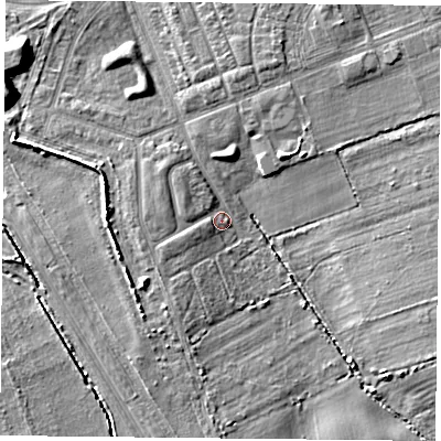 Shaded relief map of the ground around TS105PZ, computed from Environment Agency LiDAR. The ground here sits at about 6 m above sea level and falls 7 m across the surrounding 800 m. Surface water reaching this point runs off ground lying to the east-south-east, 5.7 m higher.
