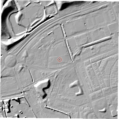 Shaded relief map of the ground around TS105QA, computed from Environment Agency LiDAR. The ground here sits at about 4 m above sea level and falls 12 m across the surrounding 800 m. Surface water reaching this point runs off ground lying to the south-south-west, 8.3 m higher.