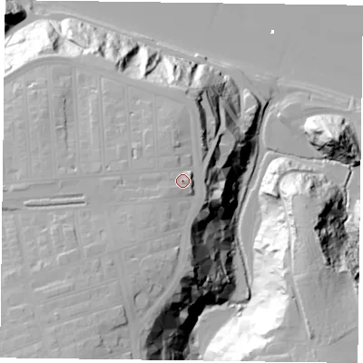 Shaded relief map of the ground around TS121BU, computed from Environment Agency LiDAR. The ground here sits at about 46 m above sea level and falls 58 m across the surrounding 800 m. Surface water reaching this point runs off ground lying to the west-south-west, 3.2 m higher.