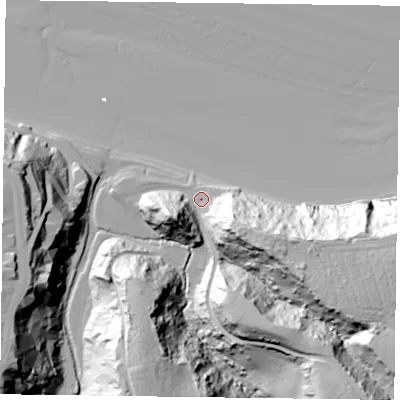 Shaded relief map of the ground around TS121HF, computed from Environment Agency LiDAR. The ground here sits at about 7 m above sea level and falls 54 m across the surrounding 800 m. Surface water reaching this point runs off ground lying to the south-east, 31.1 m higher.