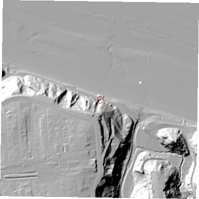 Shaded relief map of the ground around TS121HQ, computed from Environment Agency LiDAR. The ground here sits at about 6 m above sea level and falls 52 m across the surrounding 800 m. Surface water reaching this point runs off ground lying to the south-south-west, 38.9 m higher.