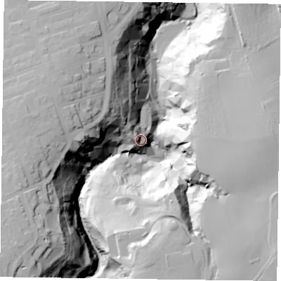 Shaded relief map of the ground around TS121JG, computed from Environment Agency LiDAR. The ground here sits at about 21 m above sea level and falls 64 m across the surrounding 800 m. Surface water reaching this point runs off ground lying to the south-east, 53.0 m higher.