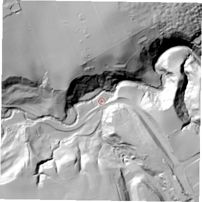 Shaded relief map of the ground around TS122HE, computed from Environment Agency LiDAR. The ground here sits at about 38 m above sea level and falls 56 m across the surrounding 800 m. Surface water reaching this point runs off ground lying to the north, 45.0 m higher.