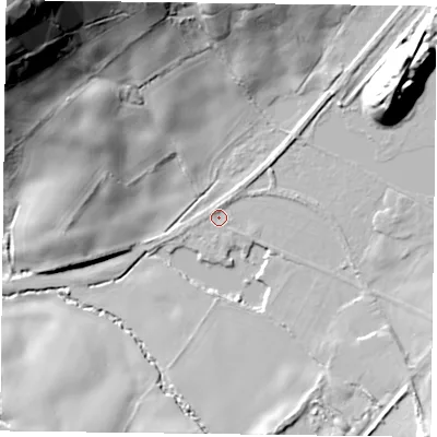 Shaded relief map of the ground around TS123BT, computed from Environment Agency LiDAR. The ground here sits at about 121 m above sea level and falls 71 m across the surrounding 800 m. Surface water reaching this point runs off ground lying to the south-south-east, 9.3 m higher.
