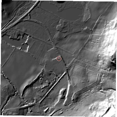 Shaded relief map of the ground around TS123BZ, computed from Environment Agency LiDAR. The ground here sits at about 124 m above sea level and falls 76 m across the surrounding 800 m. Surface water reaching this point runs off ground lying to the south-south-east, 1.8 m higher.