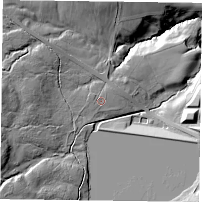 Shaded relief map of the ground around TS123LQ, computed from Environment Agency LiDAR. The ground here sits at about 190 m above sea level and falls 65 m across the surrounding 800 m. Surface water reaching this point runs off ground lying to the west-north-west, 2.4 m higher.