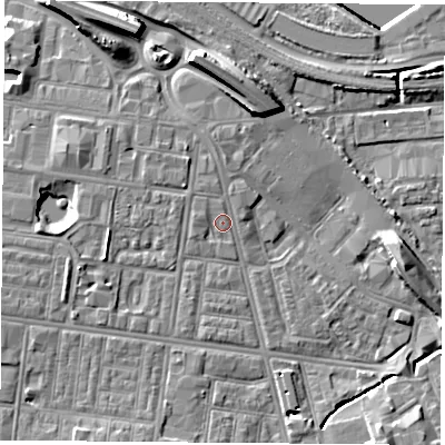 Shaded relief map of the ground around TS12DU, computed from Environment Agency LiDAR. The ground here sits at about 5 m above sea level and falls 13 m across the surrounding 800 m. Surface water reaching this point runs off ground lying to the west-north-west, 2.3 m higher.