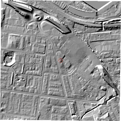 Shaded relief map of the ground around TS12DY, computed from Environment Agency LiDAR. The ground here sits at about 6 m above sea level and falls 13 m across the surrounding 800 m. Surface water reaching this point runs off ground lying to the north, 0.8 m higher.