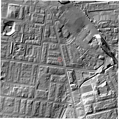 Shaded relief map of the ground around TS12EA, computed from Environment Agency LiDAR. The ground here sits at about 5 m above sea level and falls 8 m across the surrounding 800 m. Surface water reaching this point runs off ground lying to the west, 2.3 m higher.