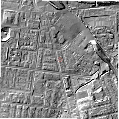 Shaded relief map of the ground around TS12ED, computed from Environment Agency LiDAR. The ground here sits at about 5 m above sea level and falls 9 m across the surrounding 800 m. Surface water reaching this point runs off ground lying to the west, 2.3 m higher.