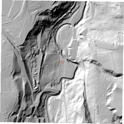 Shaded relief map of the ground around TS134AJ, computed from Environment Agency LiDAR. The ground here sits at about 16 m above sea level and falls 76 m across the surrounding 800 m. Surface water reaching this point runs off ground lying to the west-north-west, 57.4 m higher.