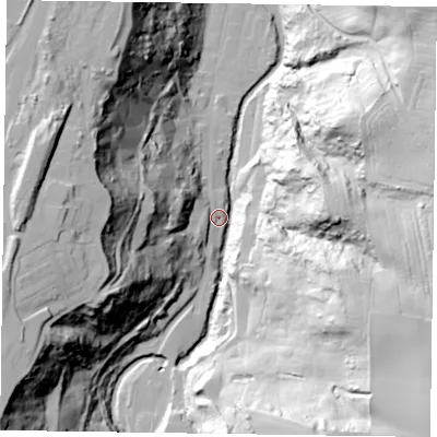 Shaded relief map of the ground around TS134AT, computed from Environment Agency LiDAR. The ground here sits at about 9 m above sea level and falls 75 m across the surrounding 800 m. Surface water reaching this point runs off ground lying to the south-east, 73.2 m higher.