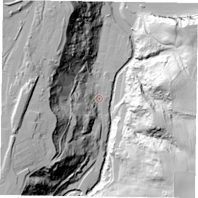 Shaded relief map of the ground around TS134AU, computed from Environment Agency LiDAR. The ground here sits at about 9 m above sea level and falls 73 m across the surrounding 800 m. Surface water reaching this point runs off ground lying to the west-south-west, 54.6 m higher.