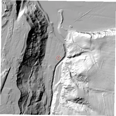 Shaded relief map of the ground around TS134BE, computed from Environment Agency LiDAR. The ground here sits at about 5 m above sea level and falls 76 m across the surrounding 800 m. Surface water reaching this point runs off ground lying to the south-west, 2.4 m higher.