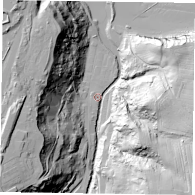 Shaded relief map of the ground around TS134BF, computed from Environment Agency LiDAR. The ground here sits at about 6 m above sea level and falls 74 m across the surrounding 800 m. Surface water reaching this point runs off ground lying to the south-east, 69.3 m higher.