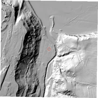 Shaded relief map of the ground around TS134BH, computed from Environment Agency LiDAR. The ground here sits at about 5 m above sea level and falls 74 m across the surrounding 800 m. Surface water reaching this point runs off ground lying to the south-south-west, 2.4 m higher.