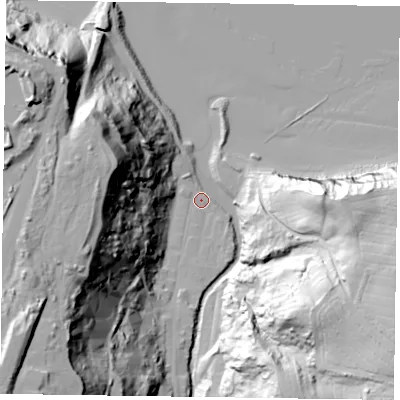 Shaded relief map of the ground around TS134BJ, computed from Environment Agency LiDAR. The ground here sits at about 5 m above sea level and falls 74 m across the surrounding 800 m. Surface water reaching this point runs off ground lying to the south-west, 69.4 m higher.