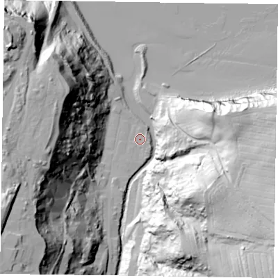 Shaded relief map of the ground around TS134BL, computed from Environment Agency LiDAR. The ground here sits at about 5 m above sea level and falls 76 m across the surrounding 800 m. Surface water reaching this point runs off ground lying to the south-south-west, 2.1 m higher.