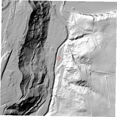 Shaded relief map of the ground around TS134BN, computed from Environment Agency LiDAR. The ground here sits at about 6 m above sea level and falls 77 m across the surrounding 800 m. Surface water reaching this point runs off ground lying to the south-east, 72.2 m higher.