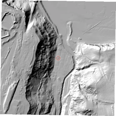 Shaded relief map of the ground around TS134BQ, computed from Environment Agency LiDAR. The ground here sits at about 5 m above sea level and falls 74 m across the surrounding 800 m. Surface water reaching this point runs off ground lying to the south-west, 68.0 m higher.