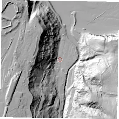 Shaded relief map of the ground around TS134BT, computed from Environment Agency LiDAR. The ground here sits at about 5 m above sea level and falls 75 m across the surrounding 800 m. Surface water reaching this point runs off ground lying to the west-south-west, 68.0 m higher.