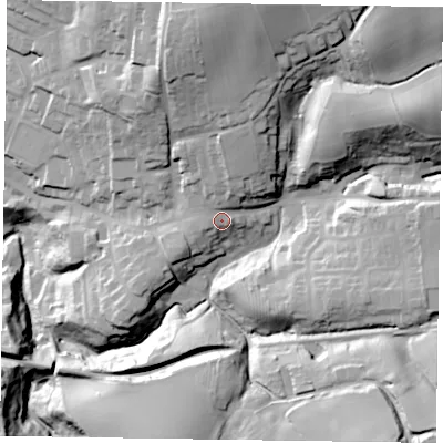 Shaded relief map of the ground around TS134HG, computed from Environment Agency LiDAR. The ground here sits at about 89 m above sea level and falls 59 m across the surrounding 800 m. Surface water reaching this point runs off ground lying to the north, 11.8 m higher.